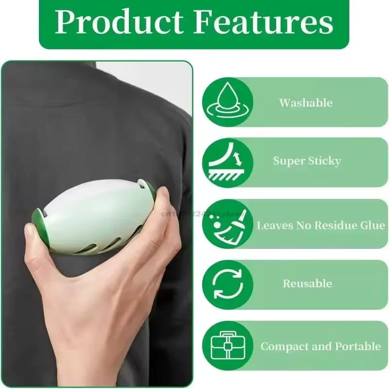 Product features of the reusable pet hair remover ball: washable, super sticky, no residue, reusable, compact