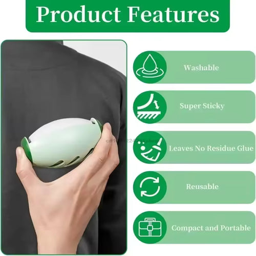 Product features of the reusable pet hair remover ball: washable, super sticky, no residue, reusable, compact
