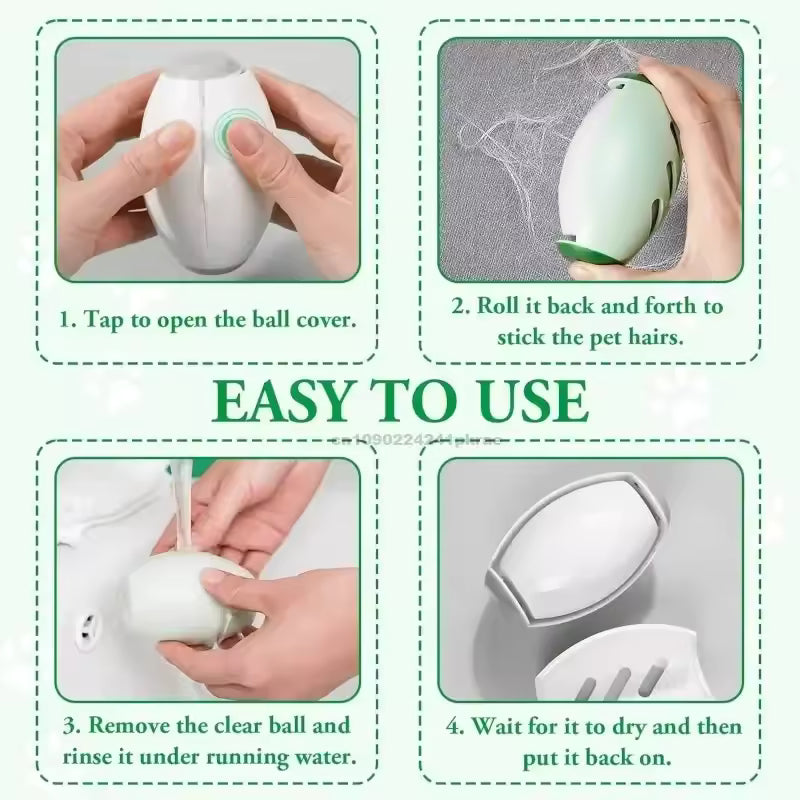 How to use the pet hair remover ball: tap to open the cover, roll to pick up fur, rinse to clean
