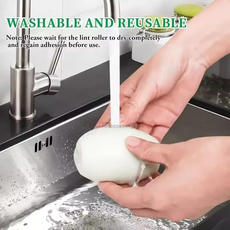Pet hair remover roller ball lifting dog fur from a fabric sofa